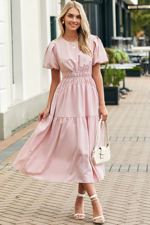 Puff Sleeve Pleated High Waist Flowy Long Dress